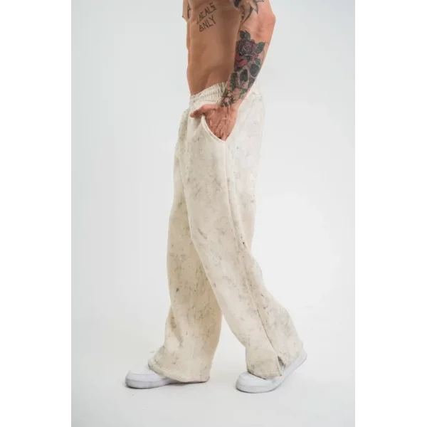 Yırtmaç Detaylı Boru Paça Baggy Eşofman Pantalon - Krem