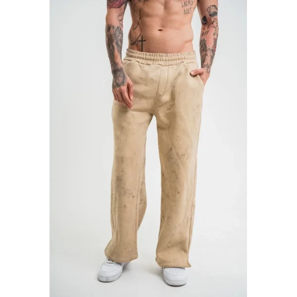 Yırtmaç Detaylı Boru Paça Baggy Eşofman Pantolon - Bej