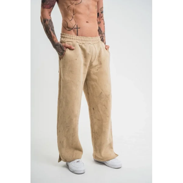 Yırtmaç Detaylı Boru Paça Baggy Eşofman Pantolon - Bej