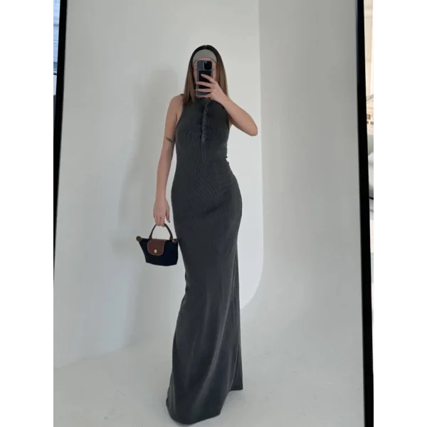 Yırtmaç Detaylı Kolsuz Düğmeli Yıkamalı Uzun  Elbise  Antrasit