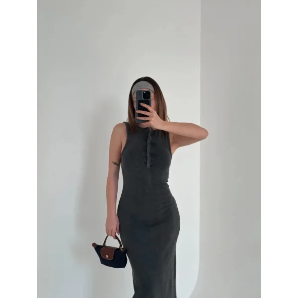 Yırtmaç Detaylı Kolsuz Düğmeli Yıkamalı Uzun  Elbise  Antrasit