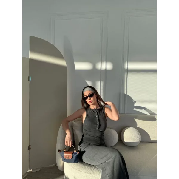 Yırtmaç Detaylı Kolsuz Düğmeli Yıkamalı Uzun  Elbise - Antrasit