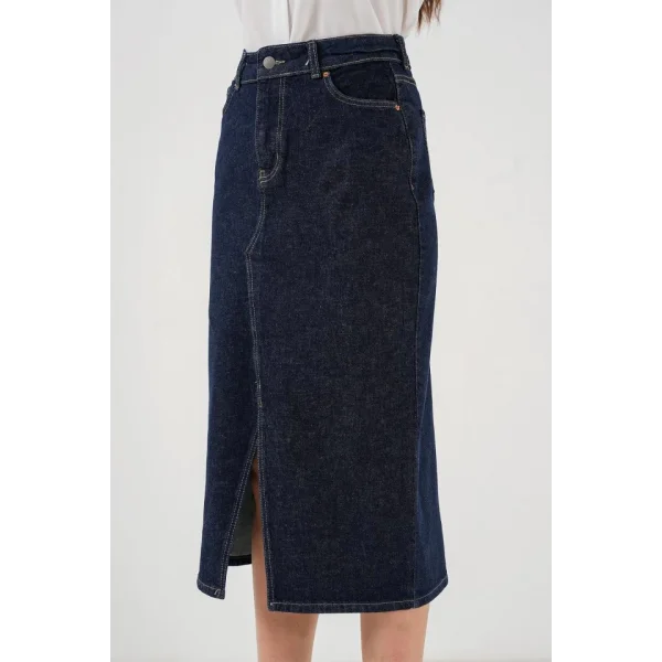 Yırtmaçlı Midi Kot Etek 80  Lacivert
