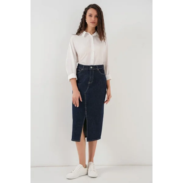 Yırtmaçlı Midi Kot Etek 80  Lacivert