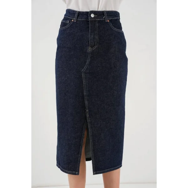 Yırtmaçlı Midi Kot Etek 80  Lacivert