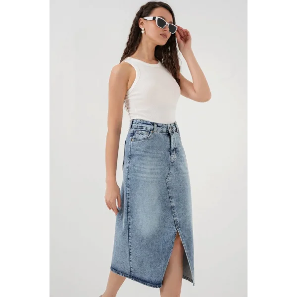 Yırtmaçlı Midi Kot Etek 80  Mavi