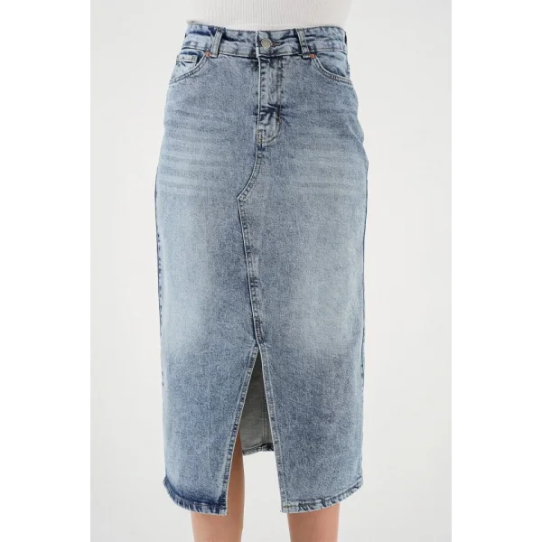 Yırtmaçlı Midi Kot Etek 80  Mavi