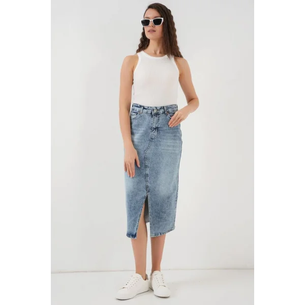 Yırtmaçlı Midi Kot Etek 80  Mavi