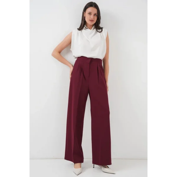 Yüksek Bel Bol Kumaş Pantolon 6697  Bordo