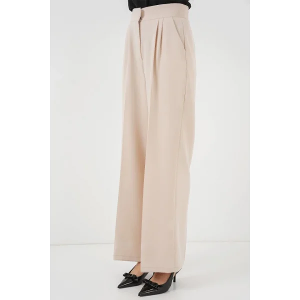 Yüksek Bel Bol Kumaş Pantolon 6697  Krem