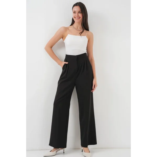 Yüksek Bel Bol Kumaş Pantolon 6697  Siyah