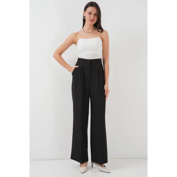 Yüksek Bel Bol Kumaş Pantolon 6697  Siyah