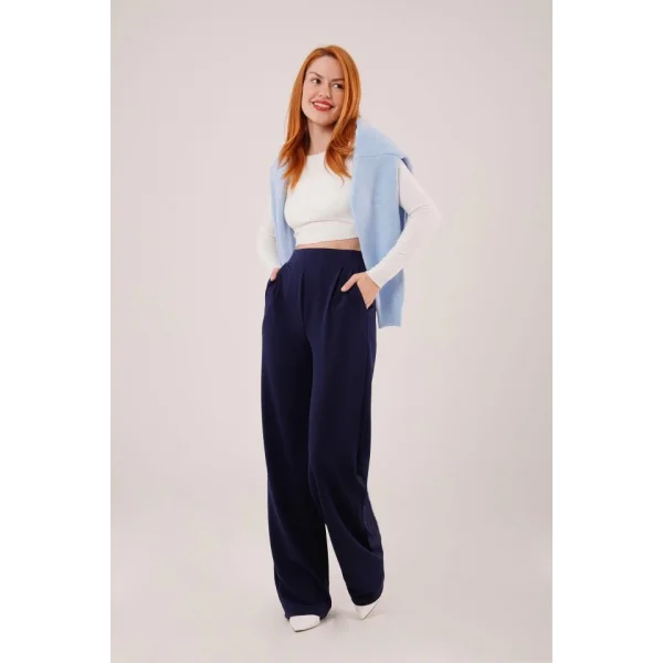 Yüksek Bel Bol Paça Krep acivert Pantolon