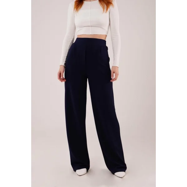 Yüksek Bel Bol Paça Krep acivert Pantolon