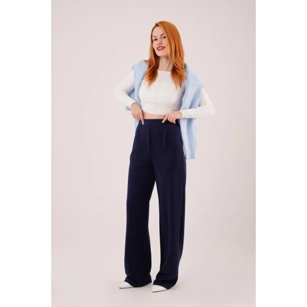 Yüksek Bel Bol Paça Krep acivert Pantolon