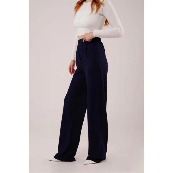 Yüksek Bel Bol Paça Krep acivert Pantolon