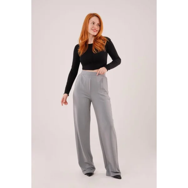 Yüksek Bel Bol Paça Krep Gri Pantolon