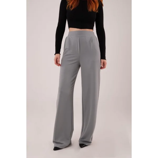 Yüksek Bel Bol Paça Krep Gri Pantolon
