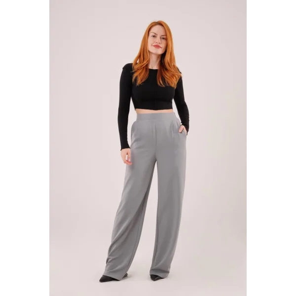 Yüksek Bel Bol Paça Krep Gri Pantolon