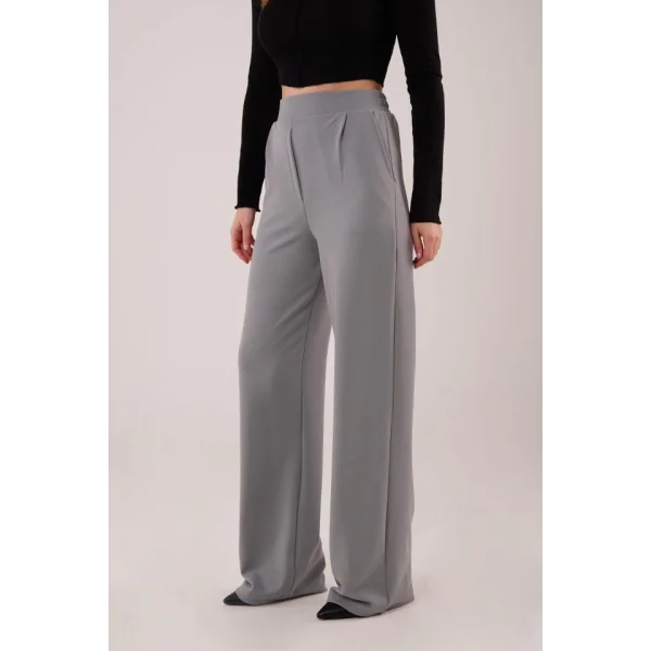 Yüksek Bel Bol Paça Krep Gri Pantolon