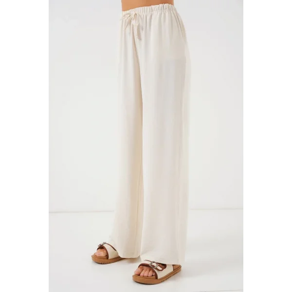 Yüksek Bel Bol Paça Pantolon - Krem