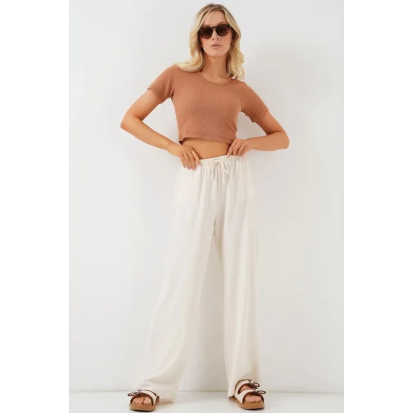 Yüksek Bel Bol Paça Pantolon - Krem