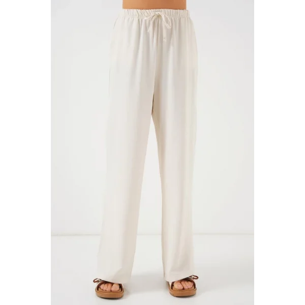 Yüksek Bel Bol Paça Pantolon - Krem