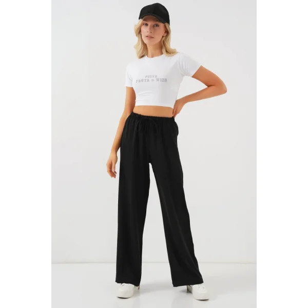 Yüksek Bel Bol Paça Pantolon - Siyah