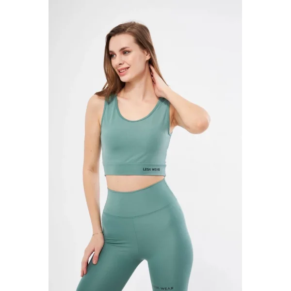Yüksek Bel Dalgıç Croplu Biker Şortlu Takım  int Yeşili