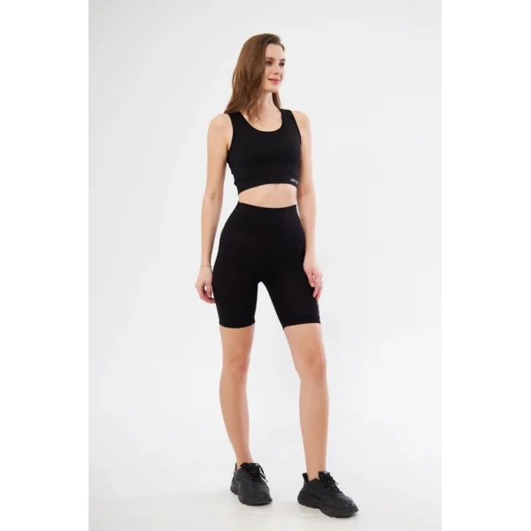 Yüksek Bel Dalgıç Croplu Biker Şortlu Takım  iyah