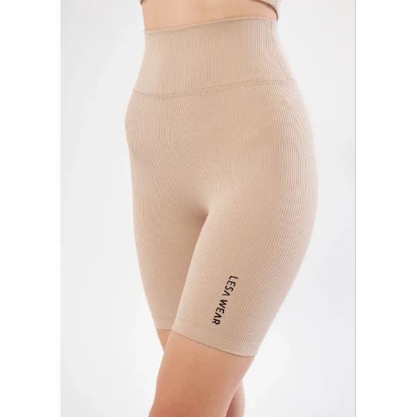 Yüksek Bel Fitilli Biker Baskılı Şort - Bej