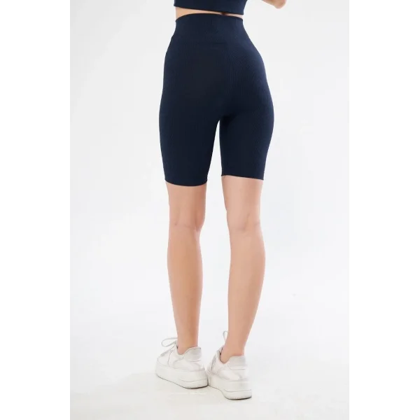 Yüksek Bel Fitilli Biker Baskılı Şort - Lacivert