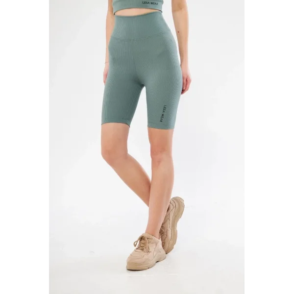 Yüksek Bel Fitilli Biker Baskılı Şort - Mint Yeşili