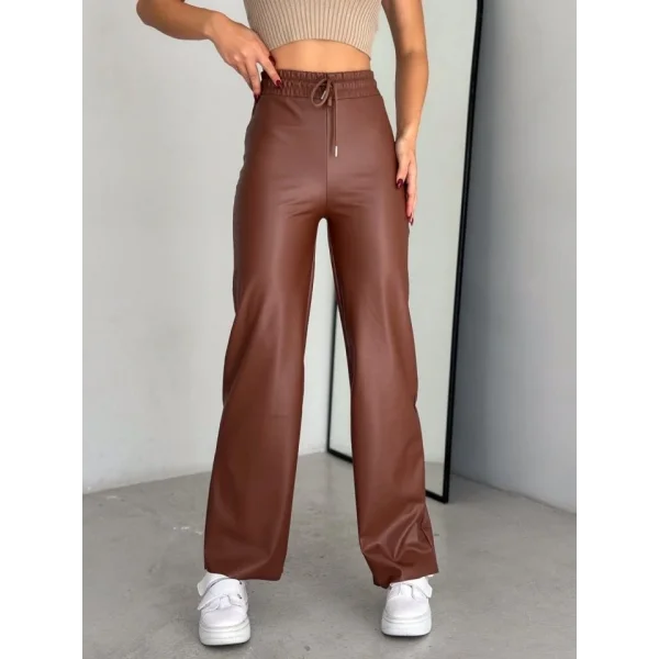 Yüksek Bel Geniş Paça Içi şardonlu Deri Pantolon.
