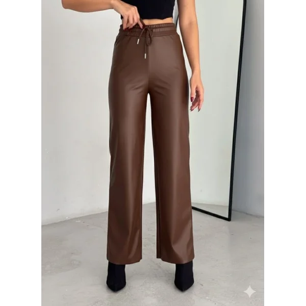 Yüksek Bel Geniş Paça Içi şardonlu Deri Pantolon.