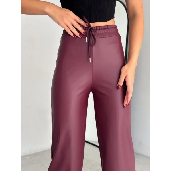 Yüksek Bel Geniş Paça Içi şardonlu Deri Pantolon.