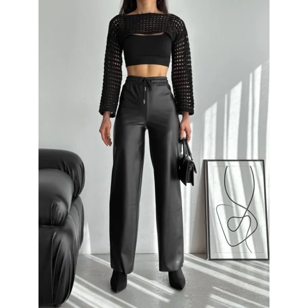 Yüksek Bel Geniş Paça Içi şardonlu Deri Pantolon.