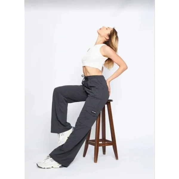 Yüksek Bel Kargo Cepli Palazzo Pantolon Oversize Bol Paça İki İplik Rahat Kesim - Antrasit