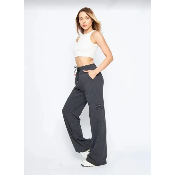 Yüksek Bel Kargo Cepli Palazzo Pantolon Oversize Bol Paça İki İplik Rahat Kesim - Antrasit