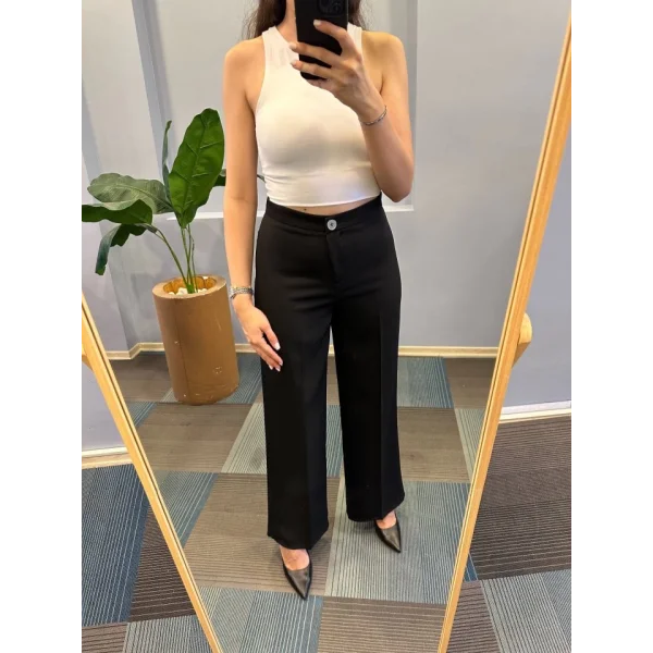 Yüksek Bel Palazzo Metal Düğme  Pantolon