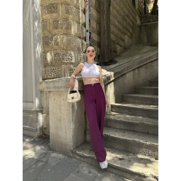 Yüksek Bel Palazzo Metal Düğme  Pantolon