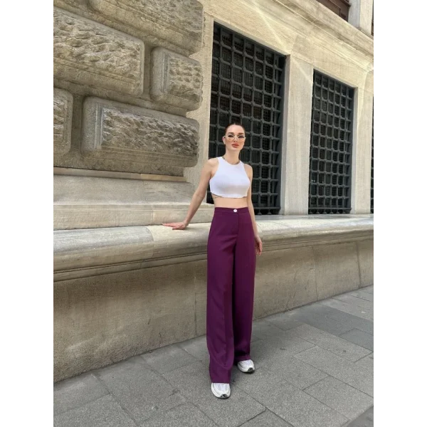 Yüksek Bel Palazzo Metal Düğme  Pantolon