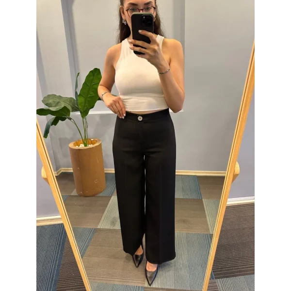 Yüksek Bel Palazzo Metal Düğme  Pantolon