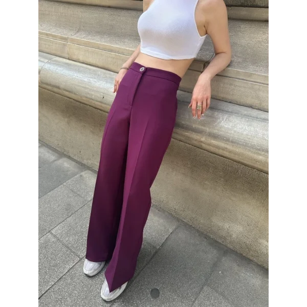 Yüksek Bel Palazzo Metal Düğme  Pantolon