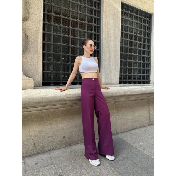 Yüksek Bel Palazzo Metal Düğme  Pantolon