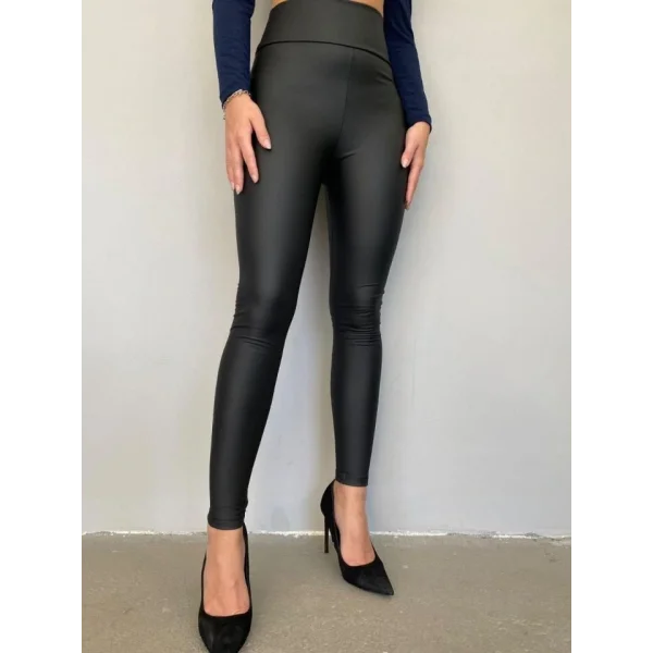 Yüksek Bel Toparlayıcı İçi Şardonlu Deri Tayt