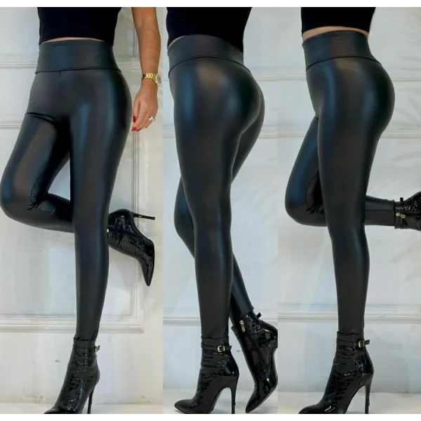 Yüksek Bel Toparlayıcı İçi Şardonlu Deri Tayt