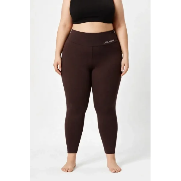 Yüksek Bel Toparlayıcı Likralı Dalgıç Spor Tayt Esnek Battal Büyük Beden - Kahverengi