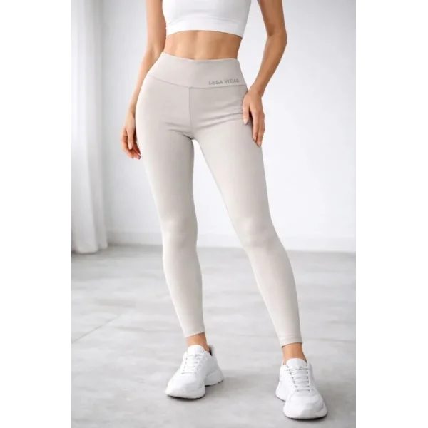 Yüksek Bel Toparlayıcı Likralı Dalgıç Spor Tayt Esnek Rahat Kalıp - Bej