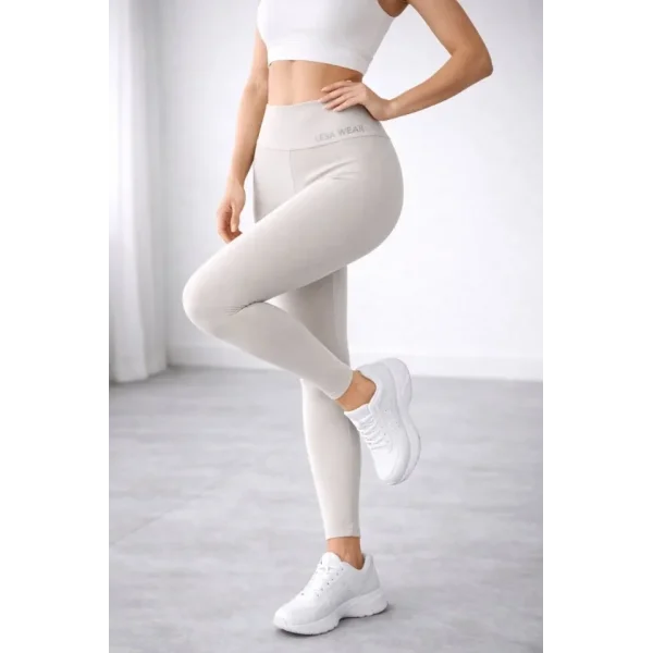 Yüksek Bel Toparlayıcı Likralı Dalgıç Spor Tayt Esnek Rahat Kalıp - Bej